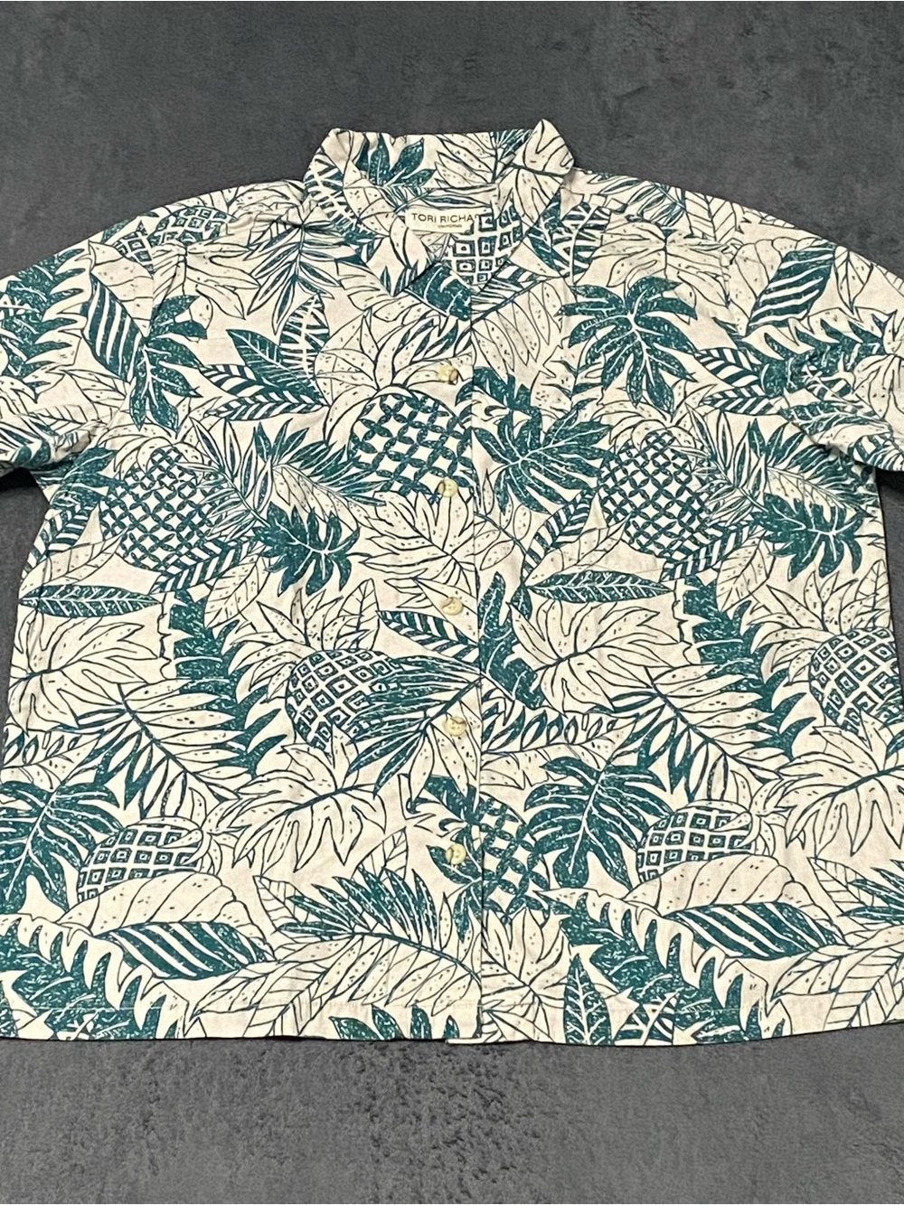 Tori Richard Uniforms Hawaiian Shirt Womens Teal Palm Leaf Print Button Up S/S